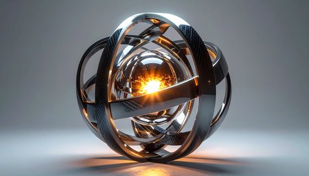 At the center of an intricate metallic gyroscope, a miniature sun burns brightly, a contained fusion reaction representing a monumental breakthrough. This abstract concept visualizes the future of clean energy, advanced power sources, and the complex beauty of quantum physics.の素材