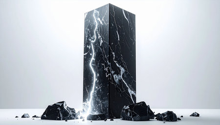 A mysterious black marble monolith stands against a stark white background, its surface fractured by veins of brilliant, crackling energy. This powerful and futuristic object suggests a source of immense power, a technological breakthrough, or an ancient artifact awakening with untold potential.の素材