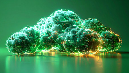 A cluster of bioluminescent organisms or a digital neural network glows with vibrant green and orange light. This abstract 3D render represents concepts of artificial intelligence, biological data, and the future of technology and scientific discovery.の素材