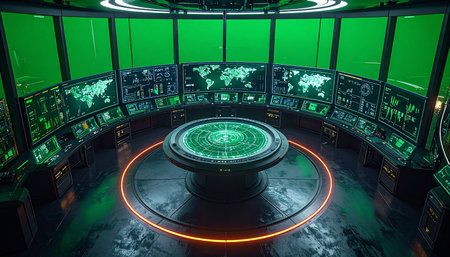 Step into the nerve center of a futuristic operation. A holographic table glows at the heart of a circular command center, surrounded by an array of monitors ready for data display. The large green screen windows offer a customizable backdrop for any mission, from global surveillance to deep space exploration.の素材