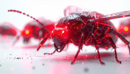 A swarm of advanced robotic flies, their eyes glowing with menacing red light, moves with collective purpose across a sterile white surface. This macro view captures the intricate details of future nanotechnology, hinting at a world of automated surveillance or a dystopian technological threat.の素材