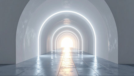 Step into a gleaming, futuristic corridor where glowing neon arches guide the way forward. A brilliant light at the end of the tunnel symbolizes hope, innovation, and the promise of a successful future, representing a pathway to progress.の素材