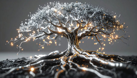 A magnificent metallic tree glows from within, its silver branches and intricate roots illuminated by points of warm, golden light. This image represents the intersection of nature and technology, symbolizing a network of data, the flow of energy, or the growth of knowledge in a futuristic world. It evokes a sense of wonder, innovation, and interconnectedness.の素材