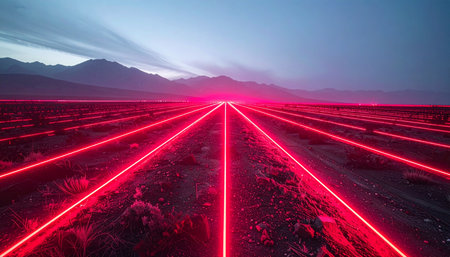 Beams of red light cut through the twilight, creating a high-tech grid across a remote desert valley. This futuristic installation represents the flow of data, the speed of innovation, and a pathway into an unknown digital frontier.の素材