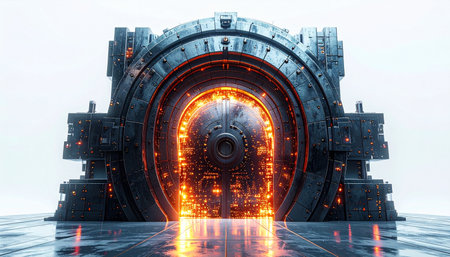 In a sterile, high-tech laboratory, a massive quantum reactor hums with immense power. Its core glows with fiery orange energy, a gateway to new dimensions or an untapped source of infinite power, holding the secrets of the universe within its complex machinery.の素材