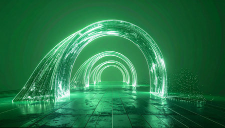 Step into a vibrant digital future through this luminous green corridor. Arches of glowing light create a pathway forward, reflecting on a sleek, wet surface, symbolizing progress, innovation, and the journey into the unknown world of technology and data.の素材