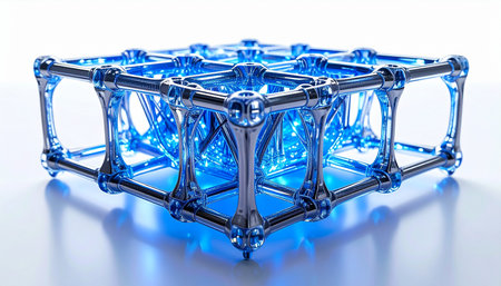 A complex lattice structure glows with an intense blue inner light, symbolizing the core of a powerful new technology. This intricate matrix represents concepts like quantum computing, artificial intelligence, or the future of data processing and secure information networks.の素材