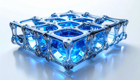 A luminous blue crystal lattice glows with internal energy, representing the core of a powerful new technology. This intricate structure symbolizes the interconnectedness of data, the strength of a secure network, and a breakthrough in scientific innovation, poised to shape the future.の素材