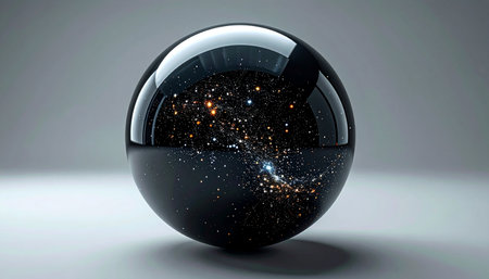 A miniature universe captured within a flawless crystal sphere, reflecting the vastness of space and the mysteries of creation. This elegant orb holds galaxies and nebulae, symbolizing infinite possibilities, cosmic knowledge, and the intersection of science and magic.の素材