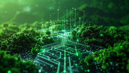 A glowing green neural network, like a futuristic circuit board, spreads through a lush, miniature forest. This represents the seamless integration of advanced technology and the natural world, symbolizing sustainable innovation and green computing.の素材