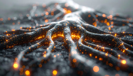 A complex digital neural network pulses with vibrant orange light, symbolizing the flow of data and artificial intelligence. This intricate web of connections represents the future of technology, innovation, and the interconnectedness of information in a vast, abstract landscape.の素材