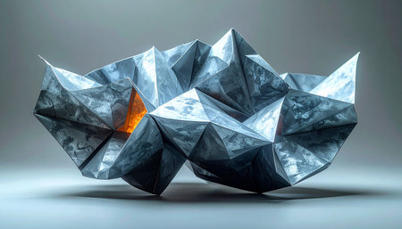 A complex, folded metallic structure rests in a sterile environment, its cool, geometric facets catching the light. From a deep crevice, a warm, amber glow emanates, suggesting a hidden source of power, a core of innovation, or a secret waiting to be discovered. This image represents complexity, technology, and hidden potential.の素材
