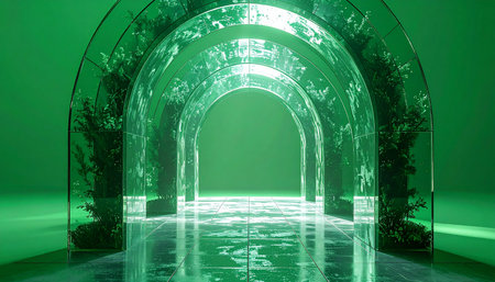 A serene pathway unfolds through a series of glowing green crystal arches, where nature and technology merge in perfect harmony. The reflective, water-like floor mirrors the ethereal light, inviting a journey towards a bright, sustainable, and innovative future.の素材