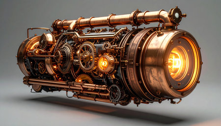 A marvel of retro-futuristic engineering, this intricate steampunk fusion reactor hums with contained power. Its glowing core promises immense energy, blending Victorian aesthetics with advanced science fiction technology, perfect for concepts of innovation, power, and alternative history.の素材