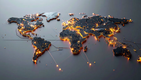 A 3D world map glows with interconnected points of light, representing the constant flow of data, commerce, and communication across a global network. This futuristic visualization symbolizes innovation, logistics, and the interconnectedness of the modern digital age.の素材