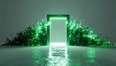 A luminous green portal opens, casting an ethereal glow on surrounding lush foliage and reflective waters. This mystical gateway represents an invitation to a new beginning, the fusion of technology and nature, or a journey into the unknown.の素材
