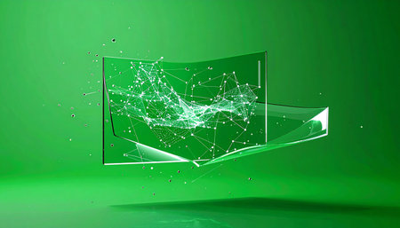 In a vibrant green space, a complex data plexus pulses with energy within a transparent screen. The structure breaks free from its confines, representing disruptive innovation, the evolution of artificial intelligence, and the limitless potential of future technology.の素材