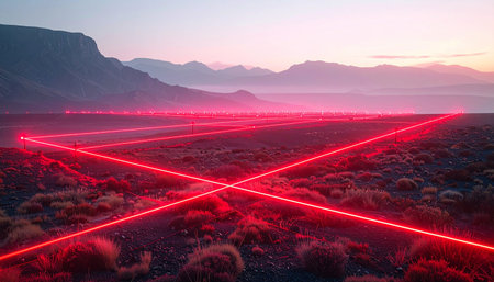 At the edge of twilight, a network of brilliant red laser beams slices through the serene desert valley, creating a stunning geometric grid. This powerful display of light and technology against the vast, natural landscape evokes concepts of future innovation, digital frontiers, data mapping, and advanced security systems in a remote and mysterious environment.の素材