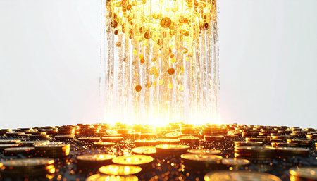 A brilliant shower of golden digital coins rains down, symbolizing a massive financial windfall or jackpot. This abstract concept represents success in cryptocurrency, fintech innovation, and the abundant flow of wealth in the modern digital economy.の素材