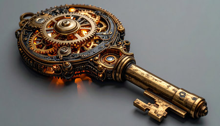 This ornate steampunk key, with its intricate clockwork gears glowing with a mysterious inner light, holds the power to unlock a forgotten secret. It is a symbol of adventure, discovery, and the key to unlocking new opportunities or ancient mysteries.の素材