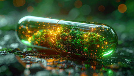 A single, luminous capsule rests on a dark, reflective surface, its transparent shell revealing a swirling galaxy of green and gold energy. This macro shot captures a moment of scientific breakthrough, symbolizing the future of medicine, nanotechnology, and powerful new treatments on the horizon.の素材