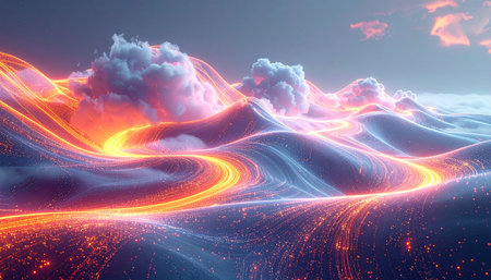 A luminous river of pure energy carves its path through a surreal landscape of neon mountains and glowing clouds. This otherworldly dreamscape evokes a sense of journey and discovery, representing the flow of data, innovation, and the boundless possibilities of a digital future.の素材