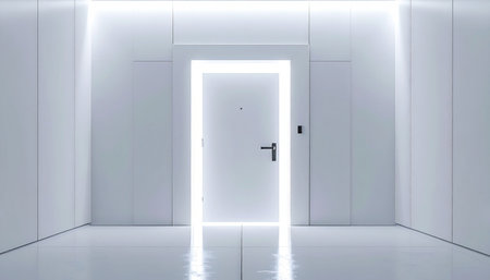 A closed door in a sterile, futuristic white hallway glows with an intense, inviting light. This powerful visual represents a portal to the unknown, symbolizing new opportunities, future possibilities, and the critical moment of decision before a breakthrough.の素材
