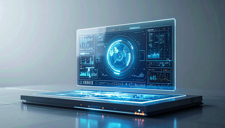 A sleek, next-generation laptop displays a glowing holographic interface, projecting complex global data and analytics. This powerful device represents the forefront of innovation, artificial intelligence, and global business strategy, operating seamlessly in a modern, minimalist setting.の素材