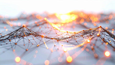 A vast digital landscape awakens as a sun of pure data rises over a complex network of interconnected nodes. This image represents the dawn of a new era in technology, communication, and global connectivity, where information flows like light across a futuristic horizon.の素材