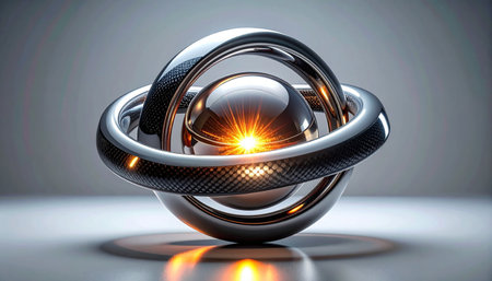 A polished metallic sphere houses a powerful, glowing core of pure energy. Sleek rings orbit the central orb, symbolizing synergy and controlled power. This image represents a breakthrough in technology, the birth of a new idea, or the fundamental force of innovation.の素材