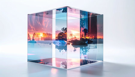 A perfect glass cube captures and preserves a breathtaking sunset landscape, holding a world of vibrant color and serene beauty within its transparent walls. This conceptual image represents ideas of perspective, memory, and the intersection of nature and modern design.の素材