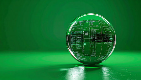 A crystal sphere reveals a complex digital cityscape, symbolizing the heart of green technology. Set against a monochromatic green background, this image represents a future where innovation, sustainability, and global connectivity merge to create a better world.の素材