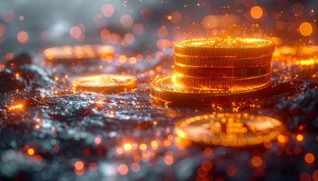 In the digital depths, a hidden treasure of luminous gold coins emits a powerful glow. Each coin, stacked and scattered, pulses with energy amidst floating embers, symbolizing immense value, newfound fortune, and the exciting frontier of digital finance.の素材