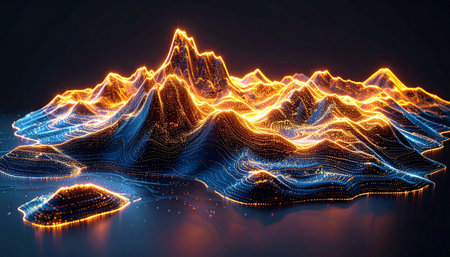 A vibrant digital landscape pulsates with energy, its glowing peaks and valleys representing the complex flow of big data. This abstract topography visualizes concepts of network connectivity, market trends, and technological innovation, set against a dark, reflective surface that enhances its futuristic and mysterious appeal.の素材