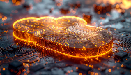 A glowing, three-dimensional cloud icon, intricately designed as a microchip, pulsates with fiery orange energy. It represents a central hub for data processing and cloud computing, symbolizing the immense power and speed of modern digital infrastructure and the constant flow of information in a global network.の素材