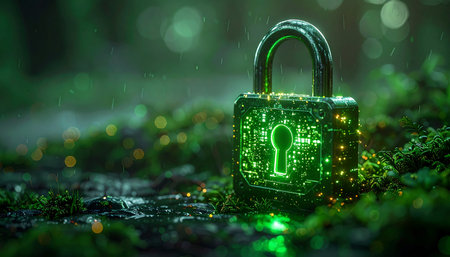 A glowing digital padlock rests on a mossy forest floor, symbolizing the fusion of advanced cybersecurity with sustainable, eco-friendly principles. It represents a future where data protection and environmental harmony coexist, safeguarding information with the strength of nature.の素材