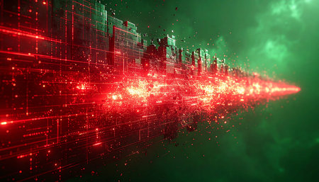 A massive stream of red-hot data surges through the green depths of cyberspace, representing the immense power and speed of modern information transfer. This digital cityscape symbolizes the complex architecture of big data, artificial intelligence, and global networks moving at the speed of light.の素材