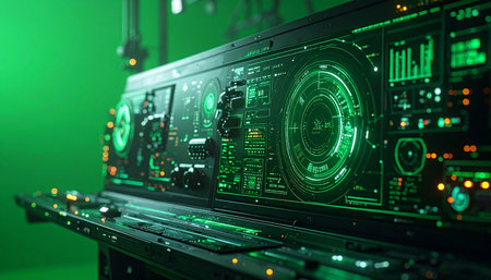 In a secure data facility, a powerful quantum computer processes vast amounts of information. Its glowing green interface displays complex analytics, representing the cutting edge of artificial intelligence, cybersecurity, and global network monitoring. This is the nerve center of future innovation.の素材
