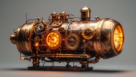 A marvel of retro-futuristic engineering, this intricate steampunk engine hums with contained power. Glowing lights from within illuminate the complex network of copper pipes, brass gears, and polished gauges, hinting at a mysterious energy source from an alternate Victorian era of fantastic invention and adventure.の素材