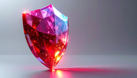 A magnificent shield, carved from a single, flawless gemstone, glows with an inner light. Its faceted surface refracts brilliant red and purple hues, symbolizing impenetrable strength, digital security, and the ultimate defense against any threat.の素材