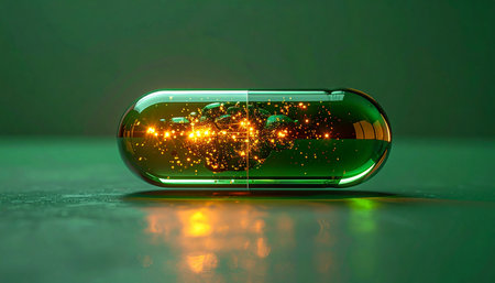 A single, transparent capsule holds a universe of glowing energy, resting on a reflective surface under a green light. This image represents a breakthrough in nanotechnology and futuristic medicine, symbolizing a powerful new cure, advanced supplement, or the next leap in human potential and longevity.の素材