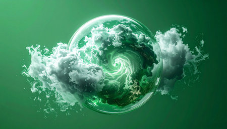 A transparent sphere captures a swirling vortex of clouds, symbolizing the creation of clean, green energy. This dynamic and abstract visual represents concepts of environmental innovation, scientific discovery, and the powerful forces of nature harnessed within a contained system.の素材
