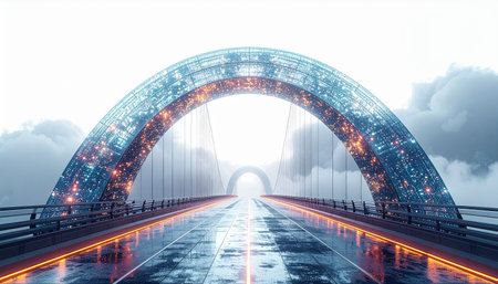 A gleaming, wet road leads through a magnificent digital archway, a luminous bridge connecting the present to a bright, cloud-filled future. This gateway symbolizes progress, innovation, and the journey into the new era of technology and data.の素材