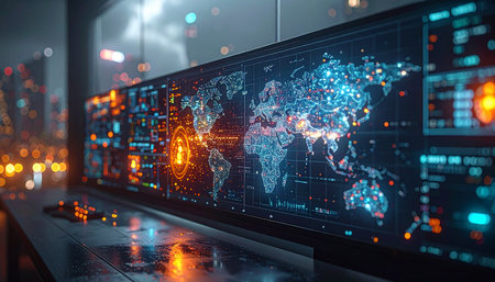 In a state-of-the-art command center, a massive digital screen displays real-time global data, with glowing nodes indicating critical activity. This is the nerve center for a global operation, where strategic decisions are made based on complex information streams, reflecting the future of intelligence and technology.の素材
