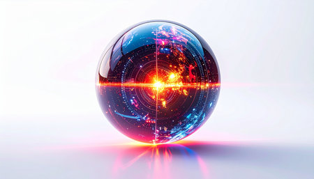 A crystal sphere rests on a clean, white surface, containing a universe of glowing data and interconnected nodes. This orb represents the core of future technology, a nexus of artificial intelligence, global networks, and boundless innovation waiting to be unlocked.の素材