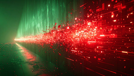 A torrent of red data particles explodes through a digital corridor, contrasting with the cool, static green light of the networks architecture. This visual represents the chaotic yet structured flow of information, symbolizing high-speed processing and digital transformation.の素材