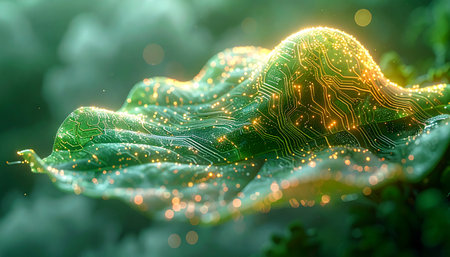 In a glimpse of the future, organic life and advanced technology merge seamlessly. This bionic leaf, with its glowing circuits, represents a new era of sustainable innovation where natures design powers the digital world in perfect harmony.の素材