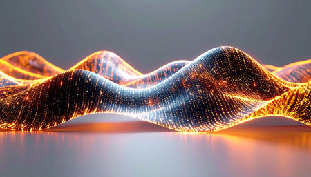 A vibrant landscape of glowing particles undulates in a rhythmic flow, visualizing the constant stream of data and energy in a futuristic digital world. This abstract terrain represents concepts of innovation, communication, and the unseen forces of modern technology.の素材