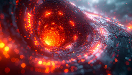Plunge into a mesmerizing vortex of cosmic energy, where streams of molten light and glowing particles swirl in a dynamic dance. This abstract journey through a fiery wormhole evokes concepts of deep space travel, technological innovation, or a passage into another dimension. Its a powerful visual for themes of discovery, power, and the unknown.の素材