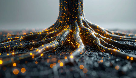 A visualization of a digital trees root system, where luminous points of light flow like data through a complex network. This abstract concept represents the foundational structure of technology, big data, and the interconnectedness of information in a futuristic ecosystem.の素材